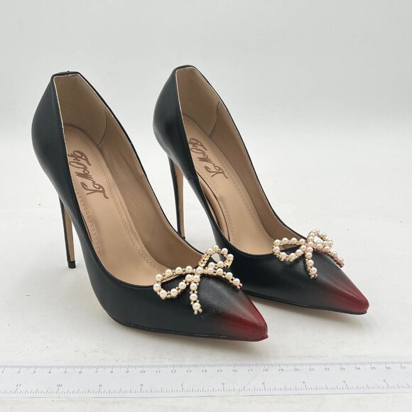 Black And Red Bowknot Pearl Pointed Toe Pumps High Heel Sexy Slip On Shoes - Picture 1 of 6